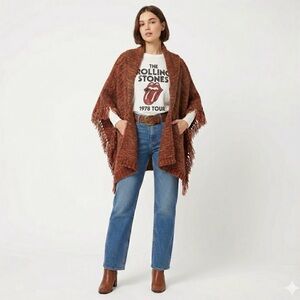 Shaker Knit Open Front Ruana Shawl Poncho w/ Fringe